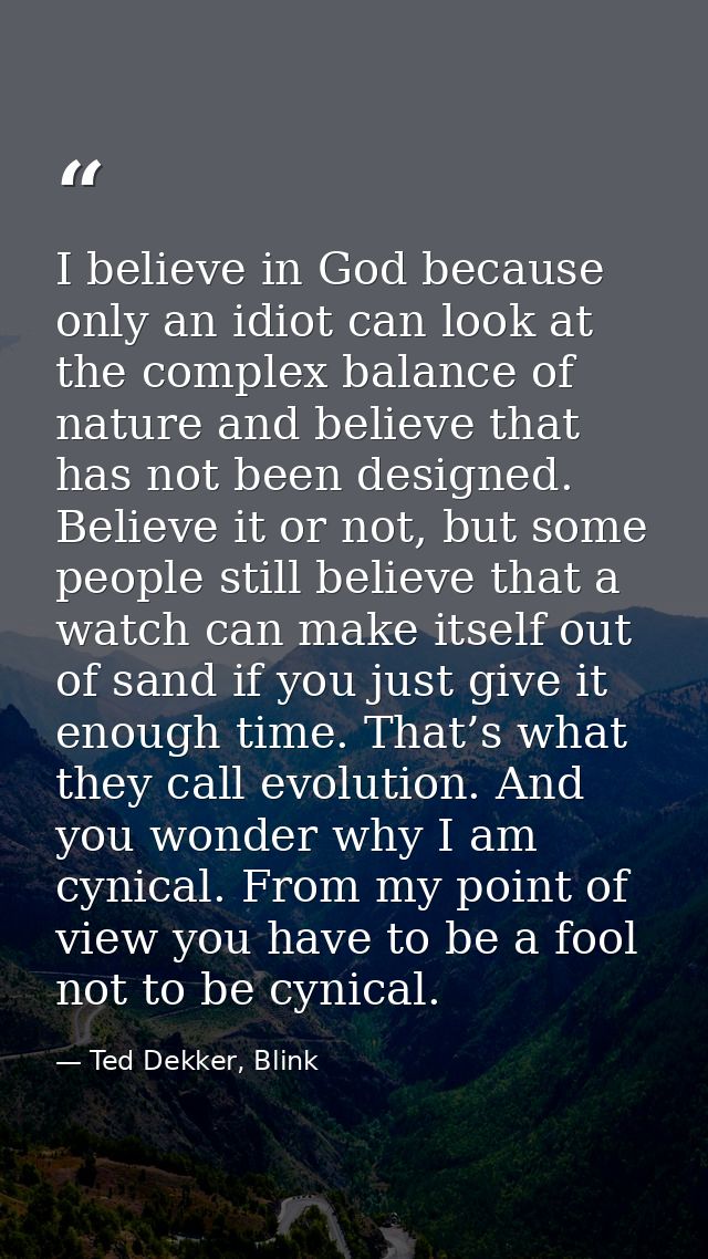 I believe in God because only an idiot can look at the complex balance of nature and believe that has not been designed. — Ted Dekker, Blink