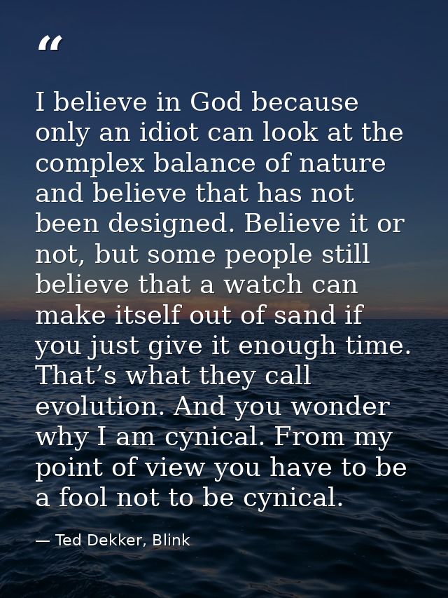 I believe in God because only an idiot can look at the complex balance of nature and believe that has not been designed. — Ted Dekker, Blink