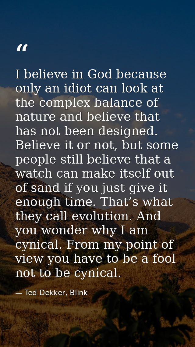 I believe in God because only an idiot can look at the complex balance of nature and believe that has not been designed. — Ted Dekker, Blink