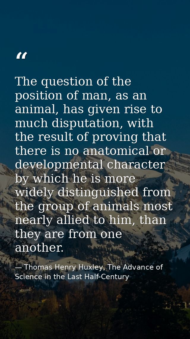 The question of the position of man, as an animal, has given rise to much disputation, with the result of proving that t — Thomas Henry Huxley, The Advance of Science in the Last Half-Century