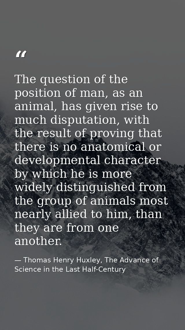 The question of the position of man, as an animal, has given rise to much disputation, with the result of proving that t — Thomas Henry Huxley, The Advance of Science in the Last Half-Century