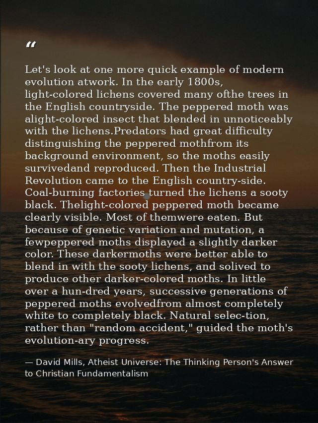 Let's look at one more quick example of modern evolution atwork. In the early 1800s, light-colored lichens covered many  — David Mills, Atheist Universe: The Thinking Person's Answer to Christian Fundamentalism