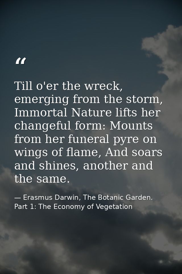 Till o'er the wreck, emerging from the storm, Immortal Nature lifts her changeful form: Mounts from her funeral pyre on  — Erasmus Darwin, The Botanic Garden. Part 1: The Economy of Vegetation