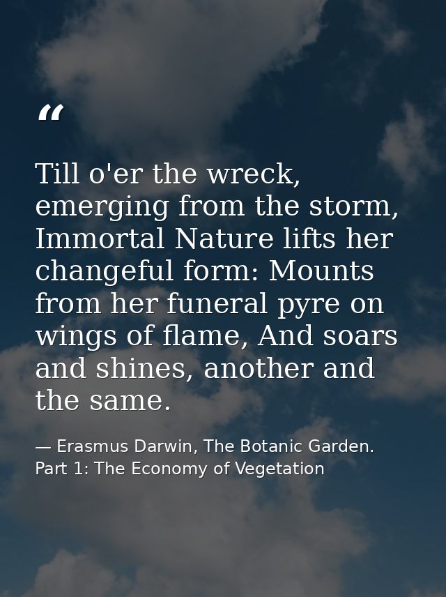 Till o'er the wreck, emerging from the storm, Immortal Nature lifts her changeful form: Mounts from her funeral pyre on  — Erasmus Darwin, The Botanic Garden. Part 1: The Economy of Vegetation