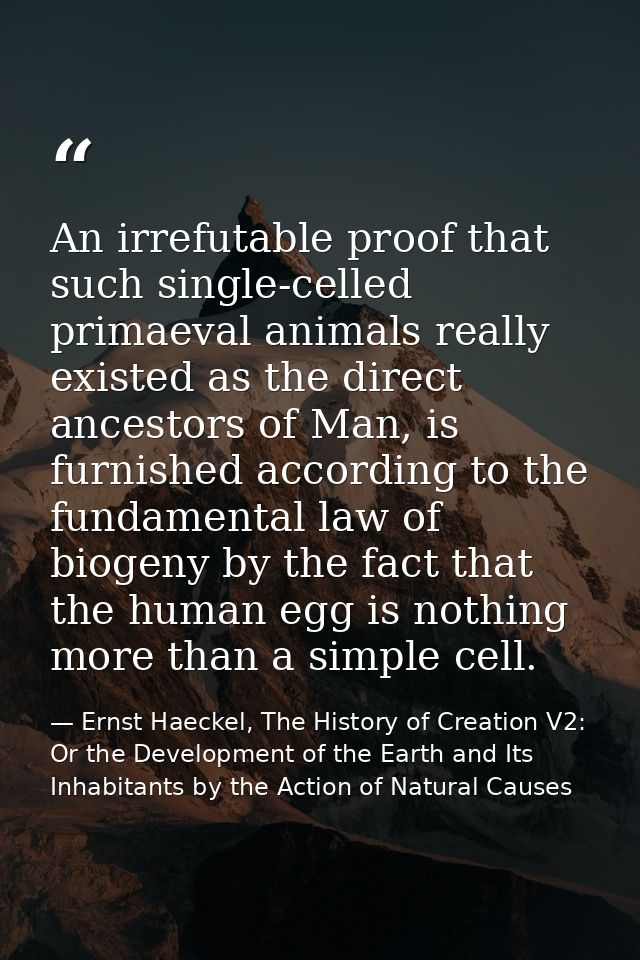 An irrefutable proof that such single-celled primaeval animals really existed as the direct ancestors of Man, is furnish — Ernst Haeckel, The History of Creation V2: Or the Development of the Earth and Its Inhabitants by the Action of Natural Causes