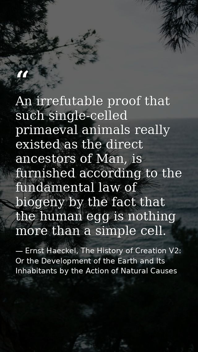 An irrefutable proof that such single-celled primaeval animals really existed as the direct ancestors of Man, is furnish — Ernst Haeckel, The History of Creation V2: Or the Development of the Earth and Its Inhabitants by the Action of Natural Causes