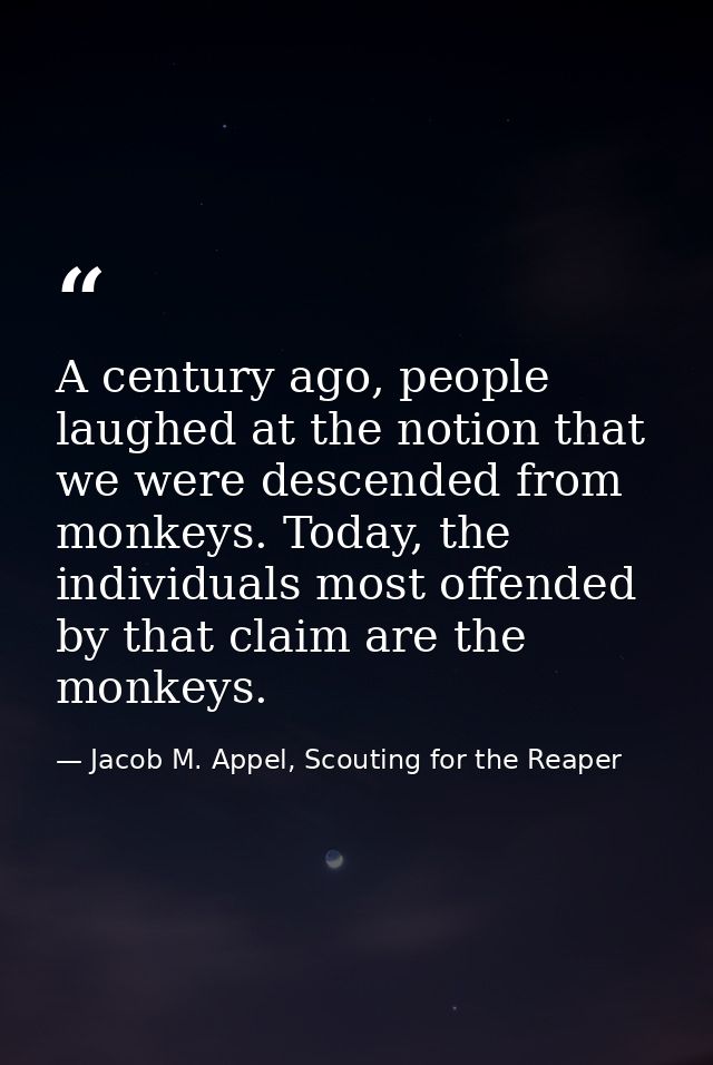 A century ago, people laughed at the notion that we were descended from monkeys. Today, the individuals most offended by — Jacob M. Appel, Scouting for the Reaper