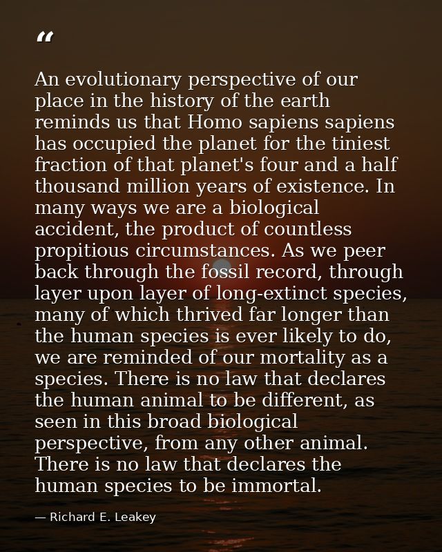 An evolutionary perspective of our place in the history of the earth reminds us that Homo sapiens sapiens has occupied t — Richard E. Leakey