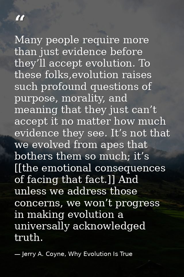 Many people require more than just evidence before they’ll accept evolution. To these folks,evolution raises such profou — Jerry A. Coyne, Why Evolution Is True