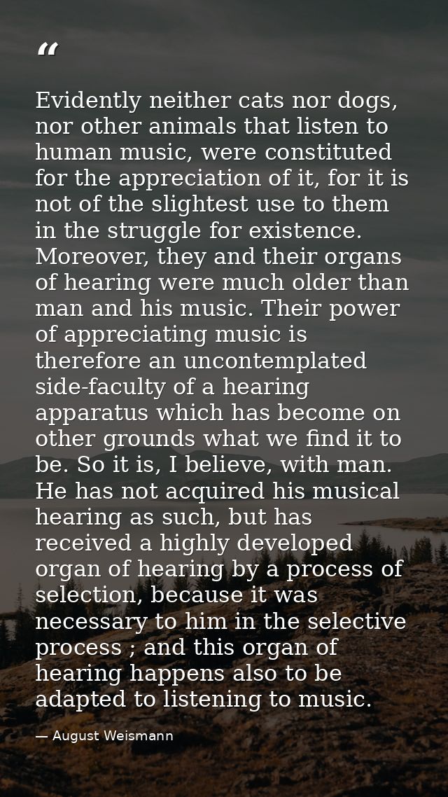 Evidently neither cats nor dogs, nor other animals that listen to human music, were constituted for the appreciation of  — August Weismann