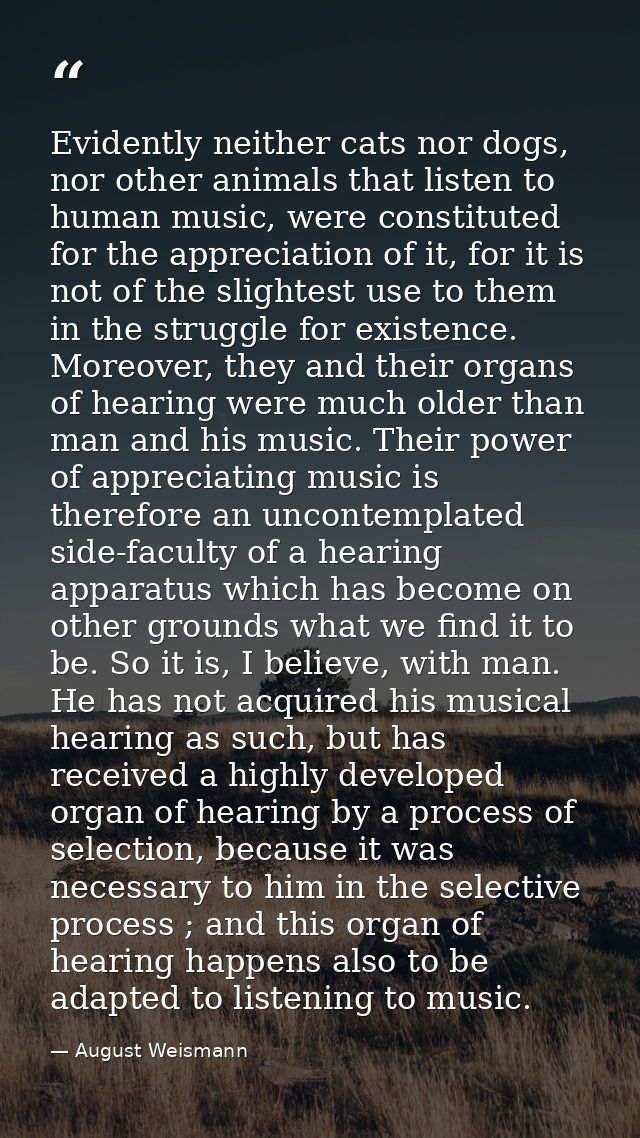 Evidently neither cats nor dogs, nor other animals that listen to human music, were constituted for the appreciation of  — August Weismann