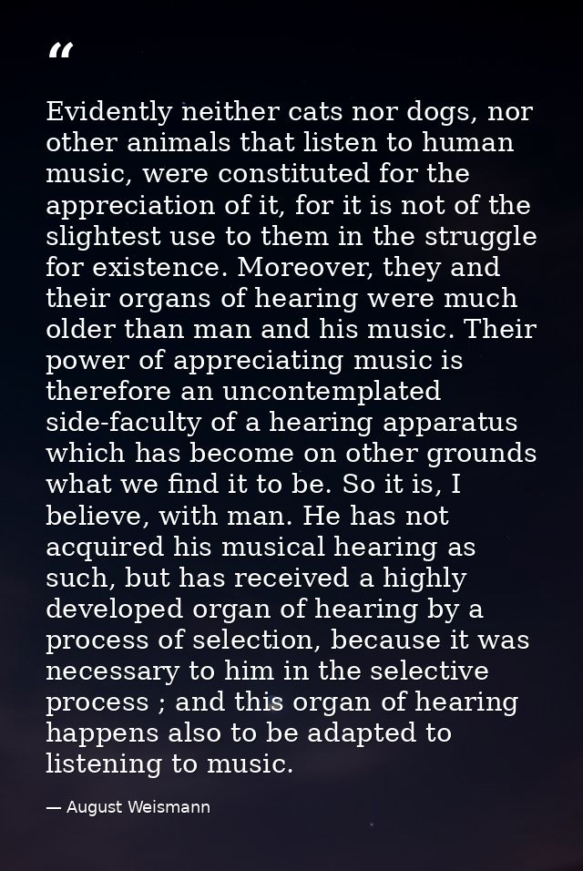 Evidently neither cats nor dogs, nor other animals that listen to human music, were constituted for the appreciation of  — August Weismann