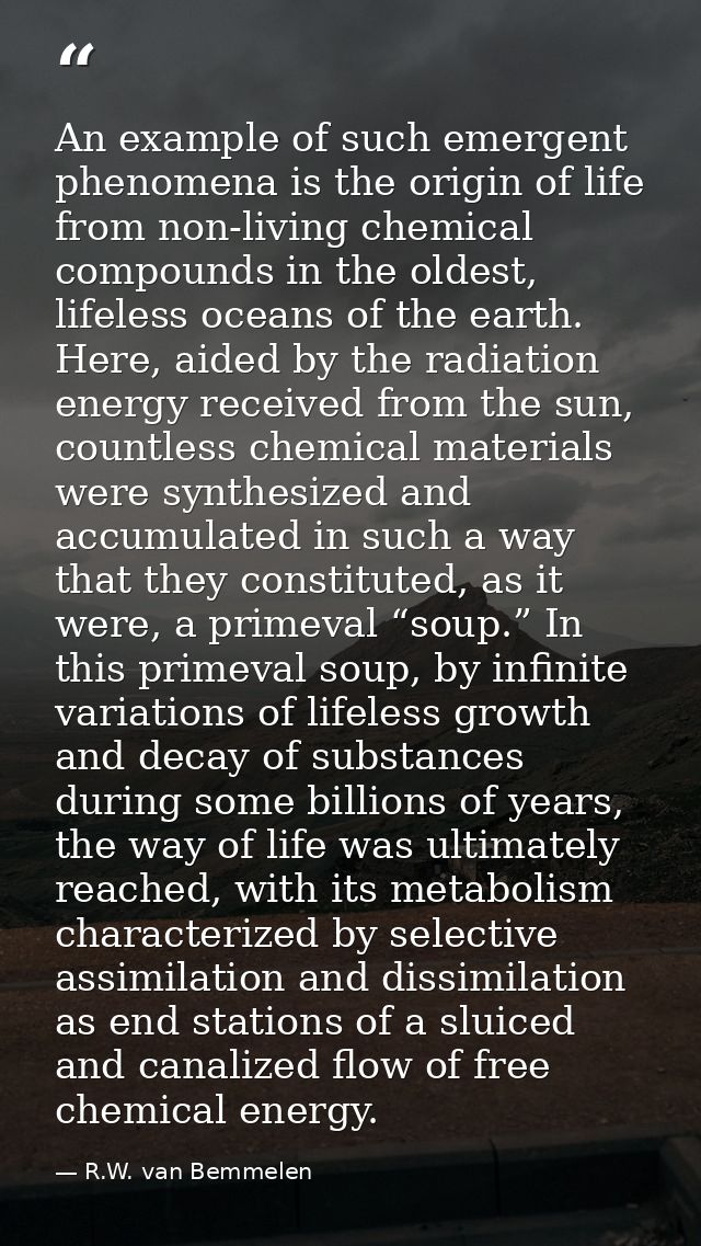 An example of such emergent phenomena is the origin of life from non-living chemical compounds in the oldest, lifeless o — R.W. van Bemmelen