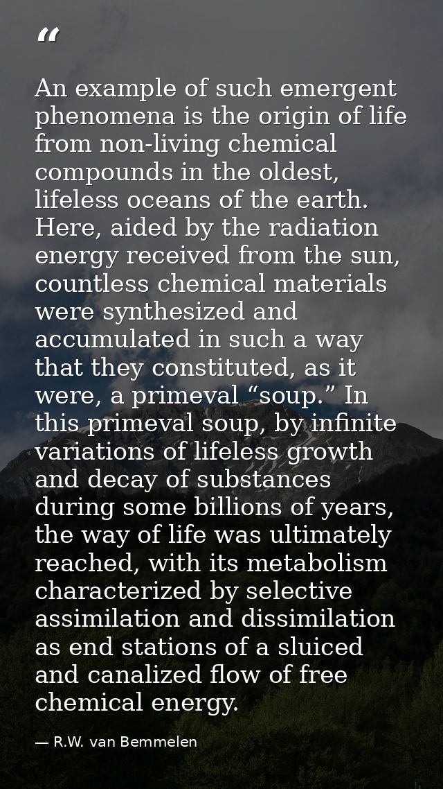 An example of such emergent phenomena is the origin of life from non-living chemical compounds in the oldest, lifeless o — R.W. van Bemmelen