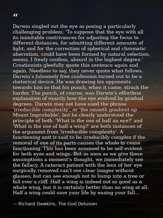 Darwin singled out the eye as posing a particularly challenging problem: 'To suppose that the eye with all its inimitabl — Richard Dawkins, The God Delusion