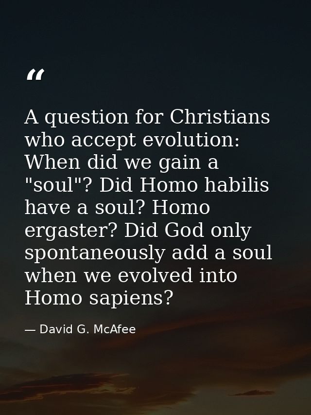 A question for Christians who accept evolution: When did we gain a "soul"? Did Homo habilis have a soul? Homo ergaster?  — David G. McAfee