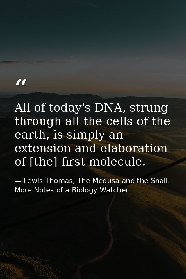 All of today's DNA, strung through all the cells of the earth, is simply an extension and elaboration of [the] first mol — Lewis Thomas, The Medusa and the Snail: More Notes of a Biology Watcher