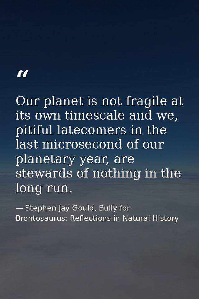 Our planet is not fragile at its own timescale and we, pitiful latecomers in the last microsecond of our planetary year, — Stephen Jay Gould, Bully for Brontosaurus: Reflections in Natural History