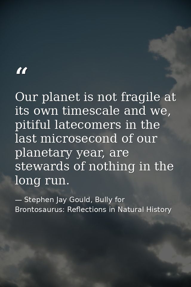 Our planet is not fragile at its own timescale and we, pitiful latecomers in the last microsecond of our planetary year, — Stephen Jay Gould, Bully for Brontosaurus: Reflections in Natural History