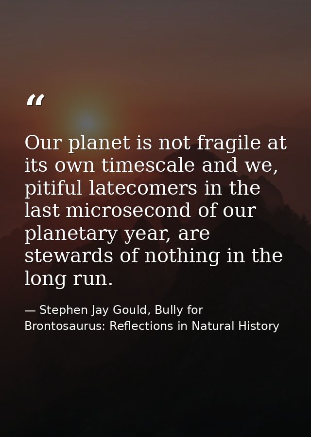 Our planet is not fragile at its own timescale and we, pitiful latecomers in the last microsecond of our planetary year, — Stephen Jay Gould, Bully for Brontosaurus: Reflections in Natural History