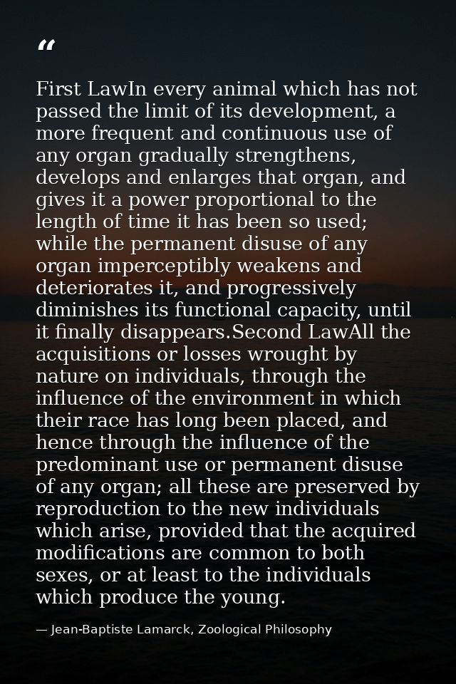 First LawIn every animal which has not passed the limit of its development, a more frequent and continuous use of any or — Jean-Baptiste Lamarck, Zoological Philosophy