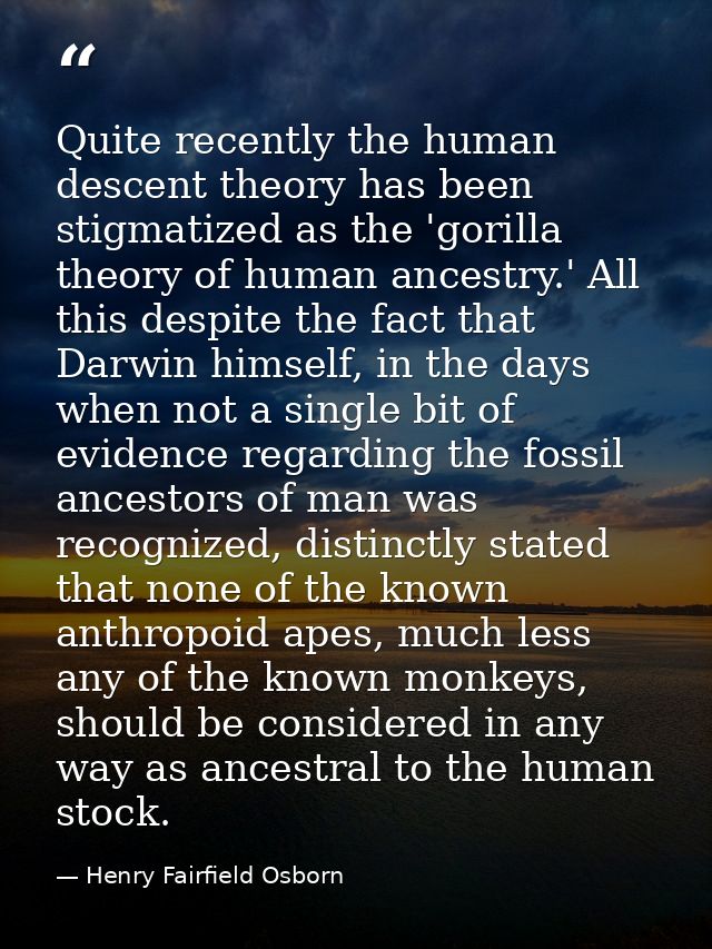 Quite recently the human descent theory has been stigmatized as the 'gorilla theory of human ancestry.' All this despite — Henry Fairfield Osborn