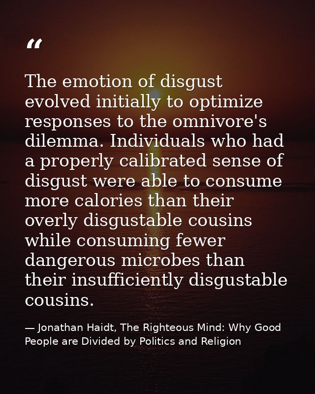 The emotion of disgust evolved initially to optimize responses to the omnivore's dilemma. Individuals who had a properly — Jonathan Haidt, The Righteous Mind: Why Good People are Divided by Politics and Religion