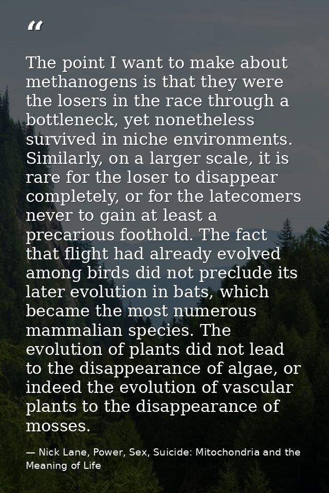 The point I want to make about methanogens is that they were the losers in the race through a bottleneck, yet nonetheles — Nick Lane, Power, Sex, Suicide: Mitochondria and the Meaning of Life