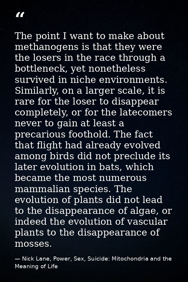The point I want to make about methanogens is that they were the losers in the race through a bottleneck, yet nonetheles — Nick Lane, Power, Sex, Suicide: Mitochondria and the Meaning of Life