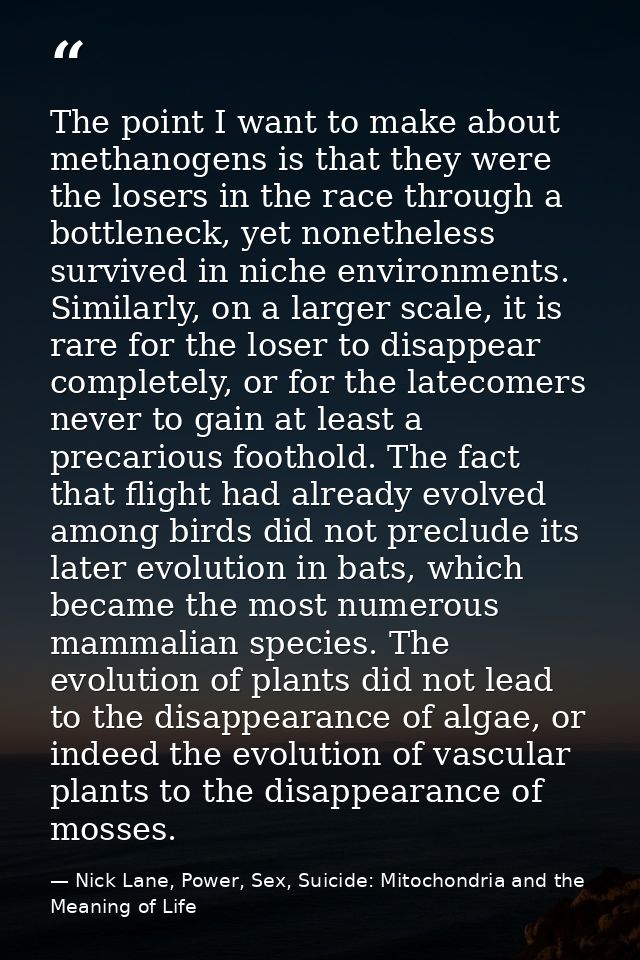The point I want to make about methanogens is that they were the losers in the race through a bottleneck, yet nonetheles — Nick Lane, Power, Sex, Suicide: Mitochondria and the Meaning of Life