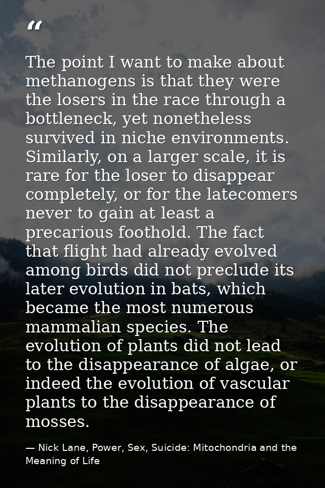 The point I want to make about methanogens is that they were the losers in the race through a bottleneck, yet nonetheles — Nick Lane, Power, Sex, Suicide: Mitochondria and the Meaning of Life