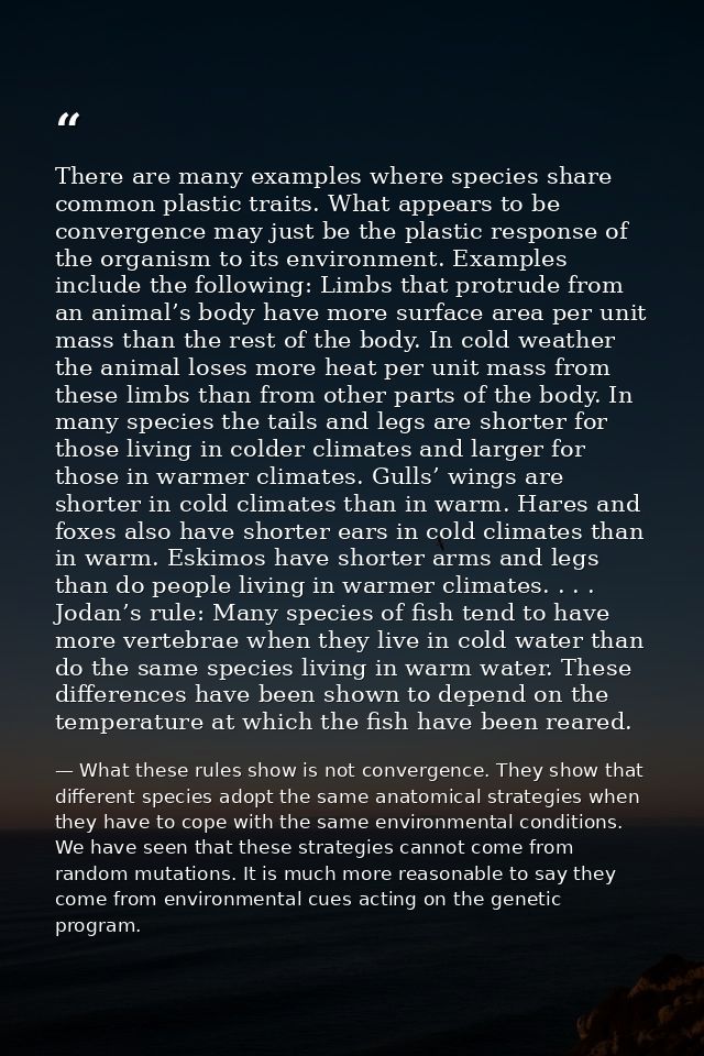 There are many examples where species share common plastic traits. What appears to be convergence may just be the plasti — What these rules show is not convergence. They show that different species adopt the same anatomical strategies when they have to cope with the same environmental conditions. We have seen that these strategies cannot come from random mutations. It is much more reasonable to say they come from environmental cues acting on the genetic program.