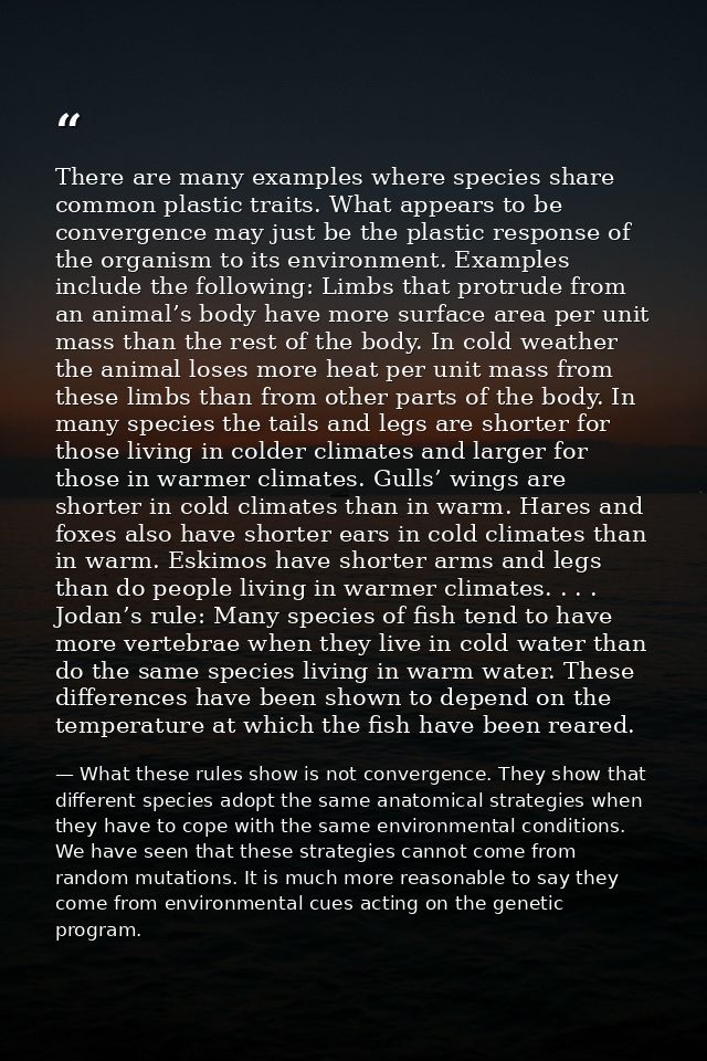 There are many examples where species share common plastic traits. What appears to be convergence may just be the plasti — What these rules show is not convergence. They show that different species adopt the same anatomical strategies when they have to cope with the same environmental conditions. We have seen that these strategies cannot come from random mutations. It is much more reasonable to say they come from environmental cues acting on the genetic program.