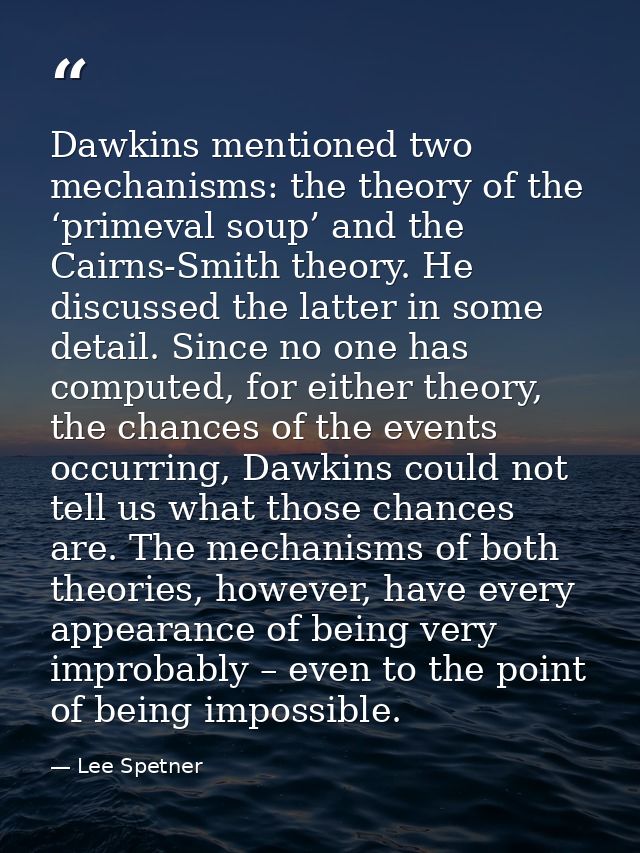 Dawkins mentioned two mechanisms: the theory of the ‘primeval soup’ and the Cairns-Smith theory. He discussed the latter — Lee Spetner