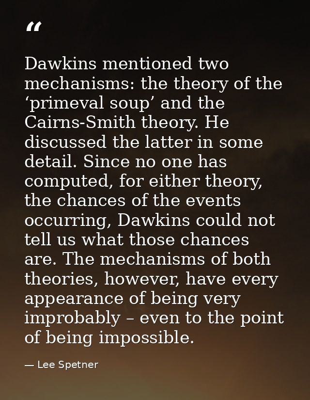 Dawkins mentioned two mechanisms: the theory of the ‘primeval soup’ and the Cairns-Smith theory. He discussed the latter — Lee Spetner