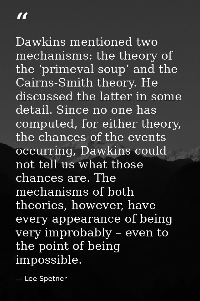 Dawkins mentioned two mechanisms: the theory of the ‘primeval soup’ and the Cairns-Smith theory. He discussed the latter — Lee Spetner