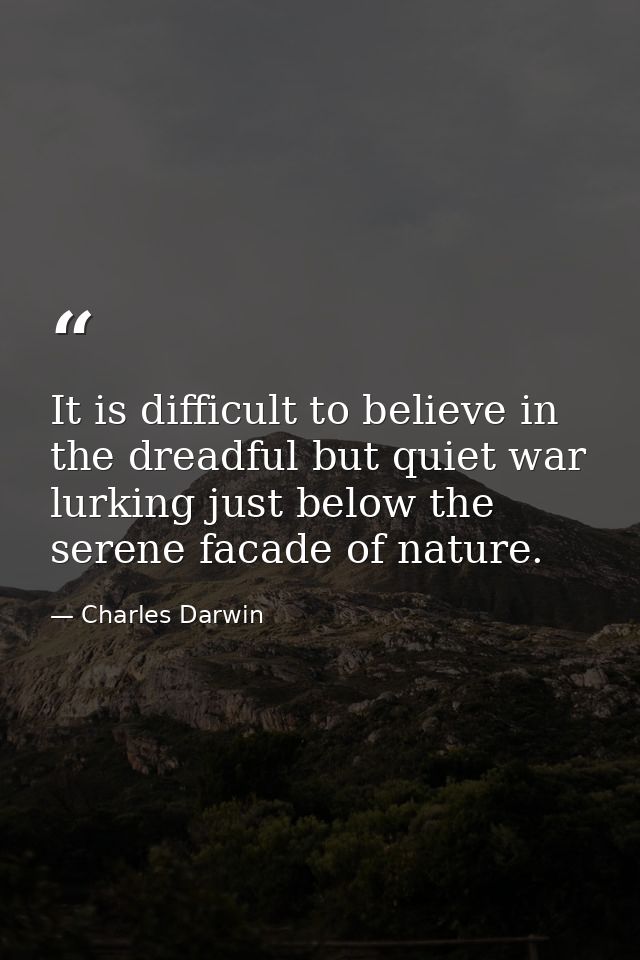 It is difficult to believe in the dreadful but quiet war lurking just below the serene facade of nature. — Charles Darwin