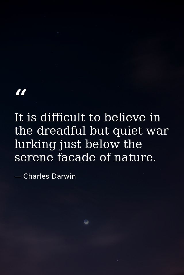 It is difficult to believe in the dreadful but quiet war lurking just below the serene facade of nature. — Charles Darwin