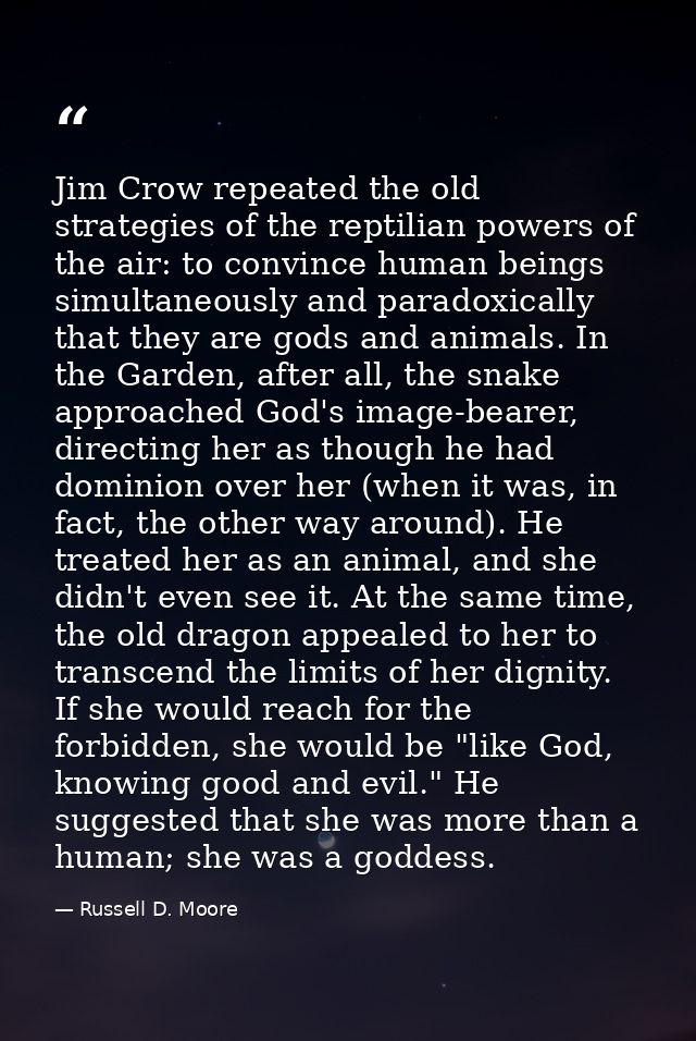 Jim Crow repeated the old strategies of the reptilian powers of the air: to convince human beings simultaneously and par — Russell D. Moore