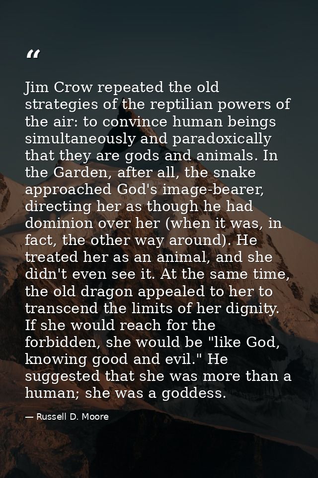 Jim Crow repeated the old strategies of the reptilian powers of the air: to convince human beings simultaneously and par — Russell D. Moore