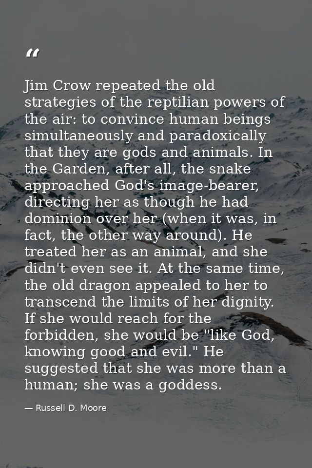 Jim Crow repeated the old strategies of the reptilian powers of the air: to convince human beings simultaneously and par — Russell D. Moore