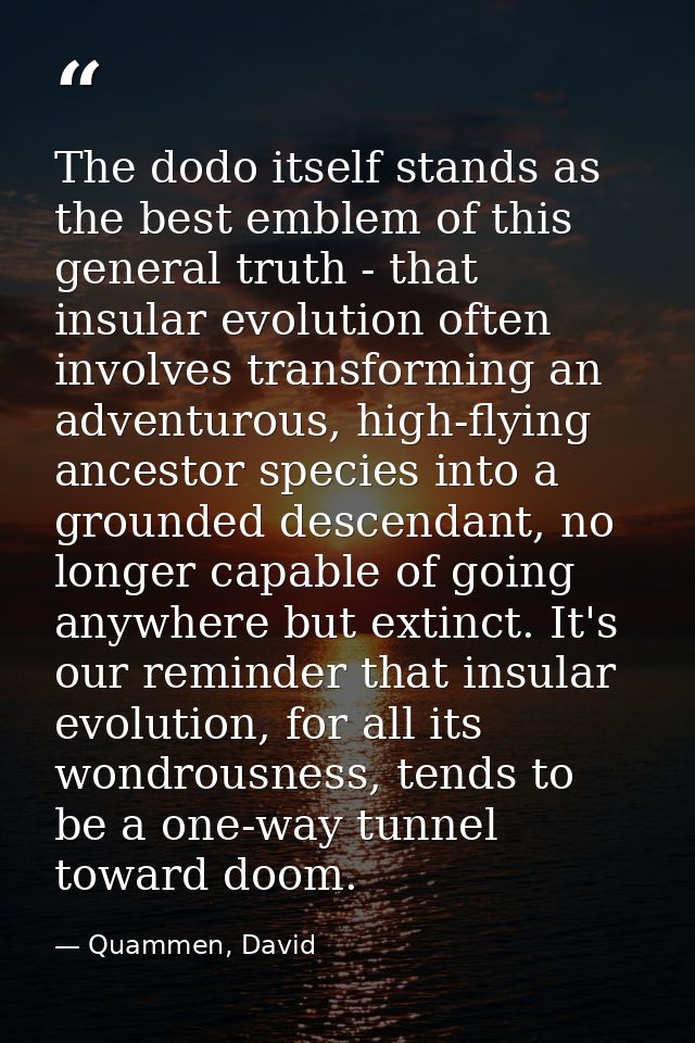 The dodo itself stands as the best emblem of this general truth - that insular evolution often involves transforming an  — Quammen, David