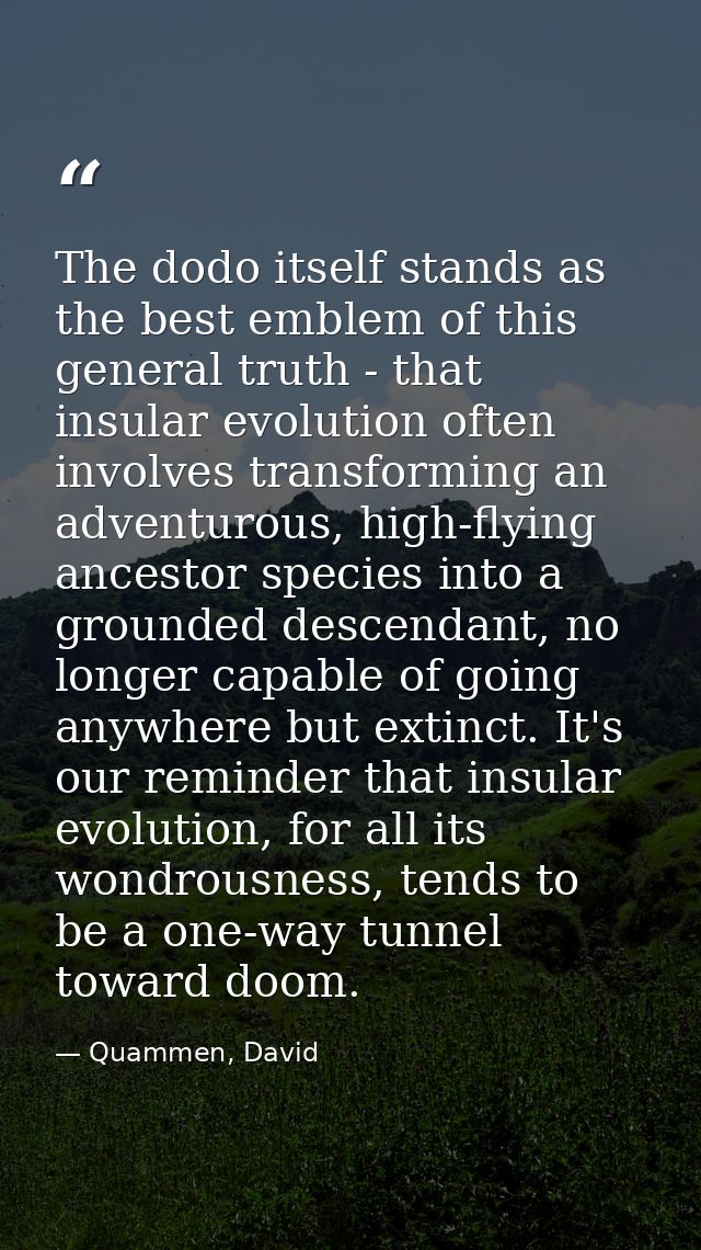 The dodo itself stands as the best emblem of this general truth - that insular evolution often involves transforming an  — Quammen, David