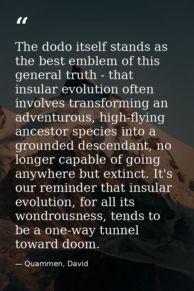 The dodo itself stands as the best emblem of this general truth - that insular evolution often involves transforming an  — Quammen, David