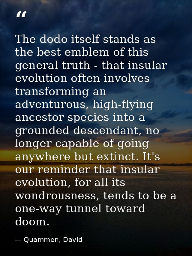 The dodo itself stands as the best emblem of this general truth - that insular evolution often involves transforming an  — Quammen, David