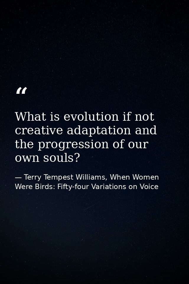 What is evolution if not creative adaptation and the progression of our own souls? — Terry Tempest Williams, When Women Were Birds: Fifty-four Variations on Voice