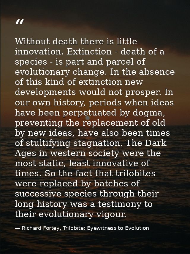 Without death there is little innovation. Extinction - death of a species - is part and parcel of evolutionary change. I — Richard Fortey, Trilobite: Eyewitness to Evolution