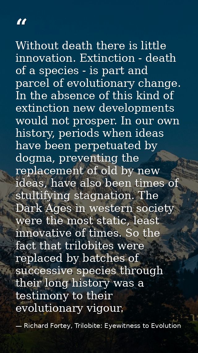Without death there is little innovation. Extinction - death of a species - is part and parcel of evolutionary change. I — Richard Fortey, Trilobite: Eyewitness to Evolution