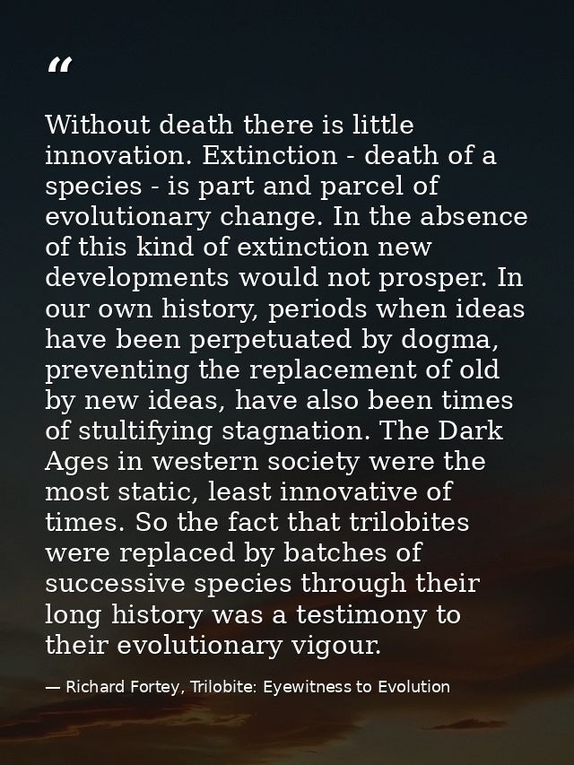 Without death there is little innovation. Extinction - death of a species - is part and parcel of evolutionary change. I — Richard Fortey, Trilobite: Eyewitness to Evolution