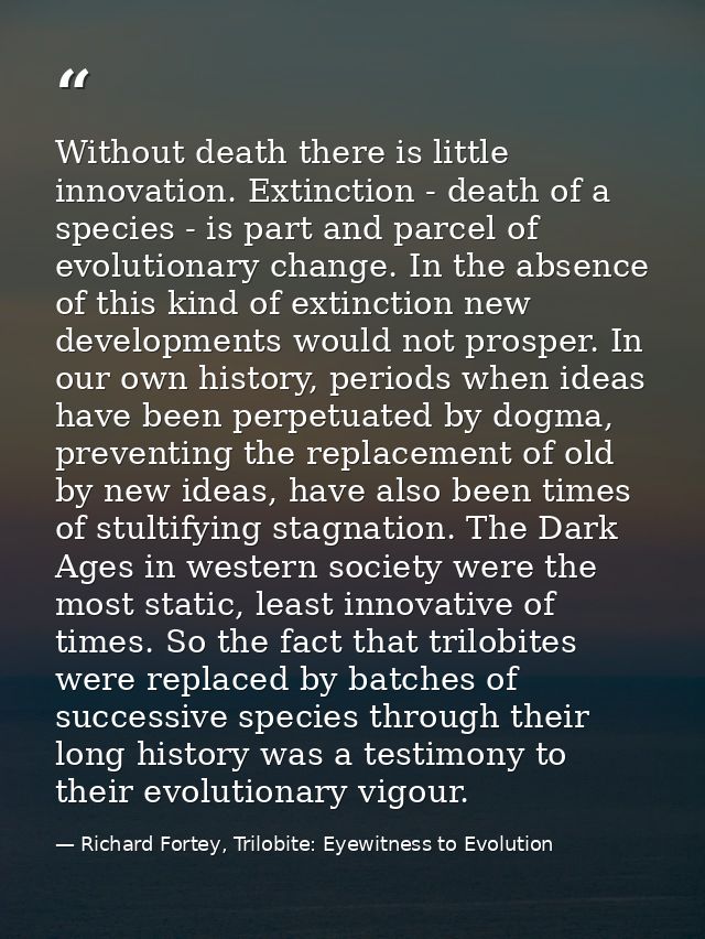 Without death there is little innovation. Extinction - death of a species - is part and parcel of evolutionary change. I — Richard Fortey, Trilobite: Eyewitness to Evolution